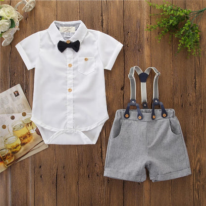 2019 Baby Summer Clothing Toddler Kid Baby Boy Gentleman Clothes Short Sleeve Tops Shirts Blouse+ Overall Bib Shorts 2Pcs Outfit