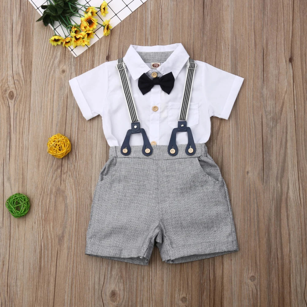 2019 Baby Summer Clothing Toddler Kid Baby Boy Gentleman Clothes Short Sleeve Tops Shirts Blouse+ Overall Bib Shorts 2Pcs Outfit