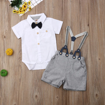 2019 Baby Summer Clothing Toddler Kid Baby Boy Gentleman Clothes Short Sleeve Tops Shirts Blouse+ Overall Bib Shorts 2Pcs Outfit