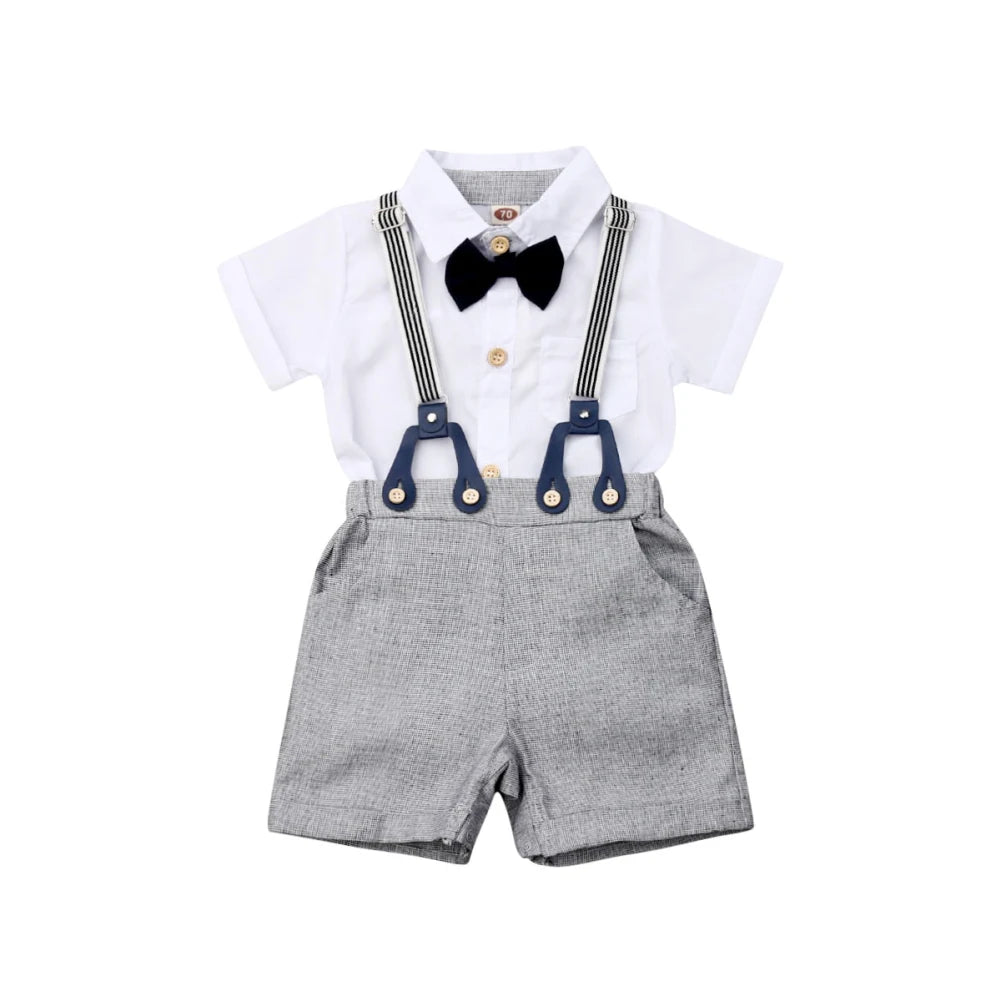 2019 Baby Summer Clothing Toddler Kid Baby Boy Gentleman Clothes Short Sleeve Tops Shirts Blouse+ Overall Bib Shorts 2Pcs Outfit