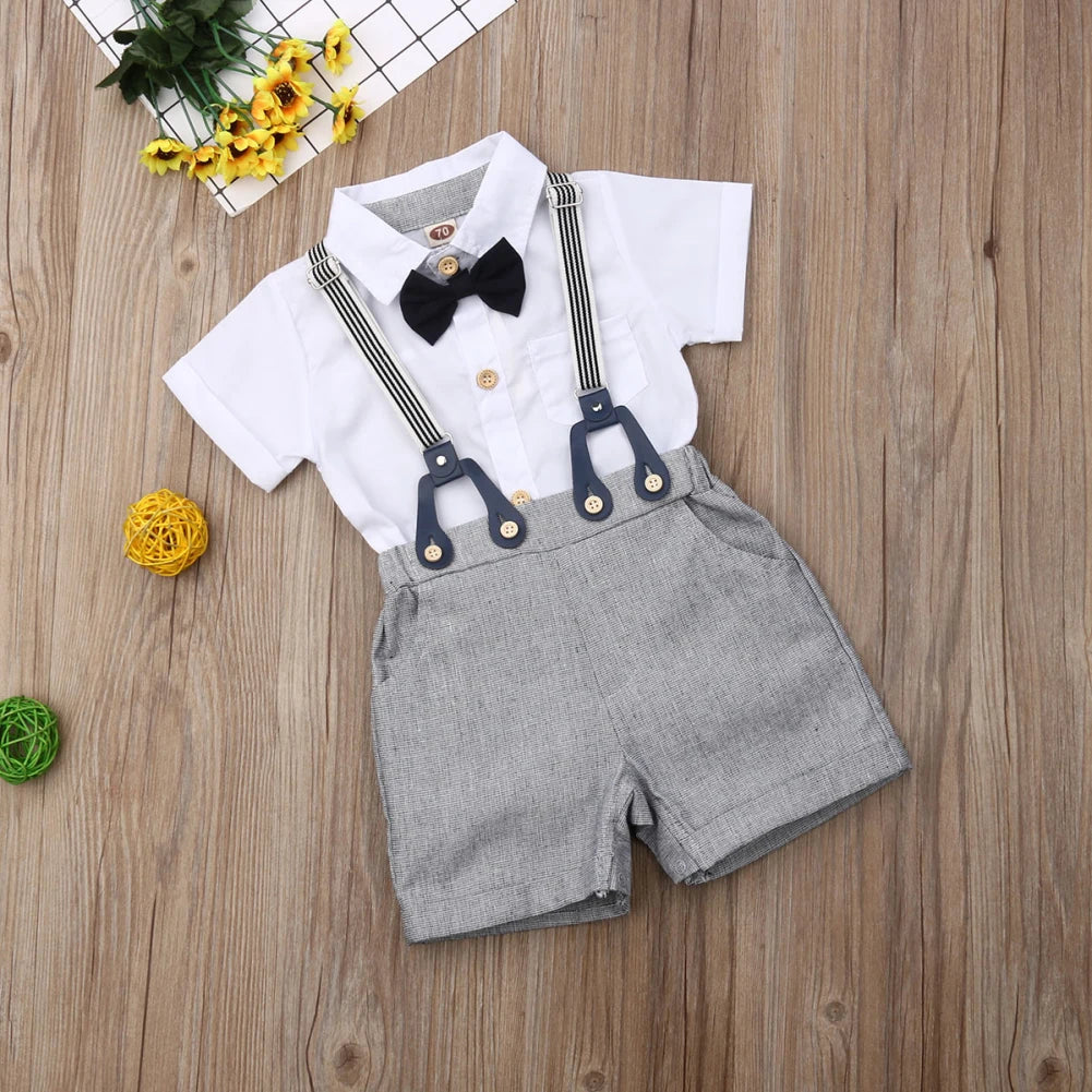 2019 Baby Summer Clothing Toddler Kid Baby Boy Gentleman Clothes Short Sleeve Tops Shirts Blouse+ Overall Bib Shorts 2Pcs Outfit