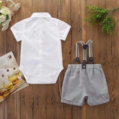 2019 Baby Summer Clothing Toddler Kid Baby Boy Gentleman Clothes Short Sleeve Tops Shirts Blouse+ Overall Bib Shorts 2Pcs Outfit