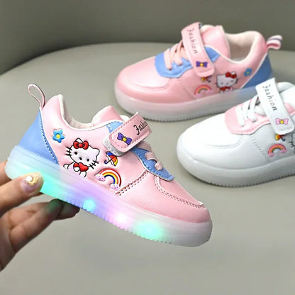 LED Kids Shoes for Girls Cute Cartoon Hello Kitty Shoes Baby Girl Kawaii Canvas Shoes Soft Bottom Sneakers Casual Shoes