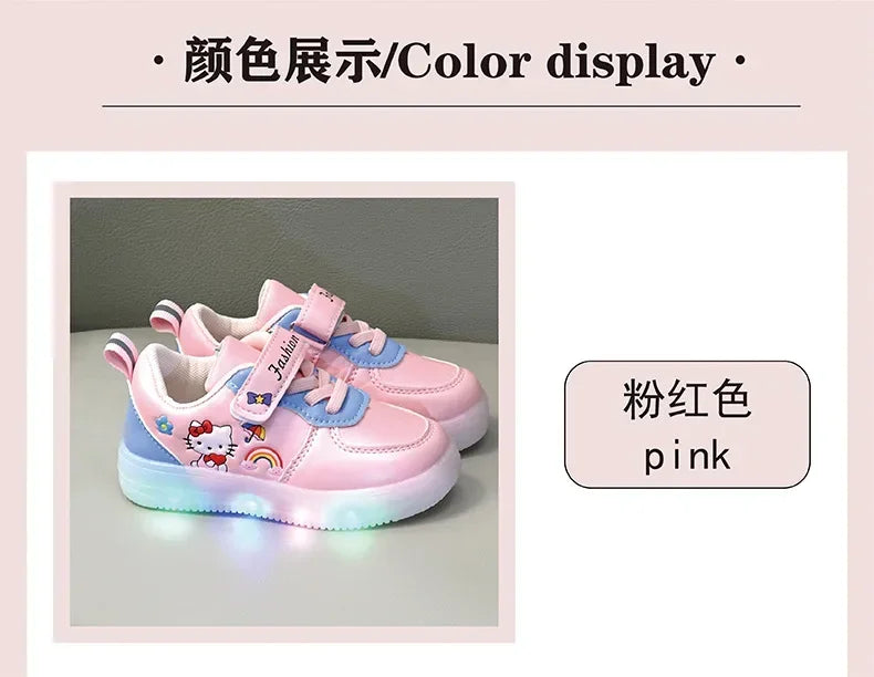 LED Kids Shoes for Girls Cute Cartoon Hello Kitty Shoes Baby Girl Kawaii Canvas Shoes Soft Bottom Sneakers Casual Shoes