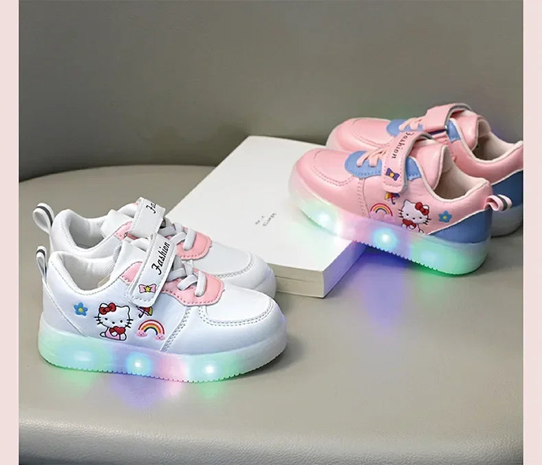 LED Kids Shoes for Girls Cute Cartoon Hello Kitty Shoes Baby Girl Kawaii Canvas Shoes Soft Bottom Sneakers Casual Shoes