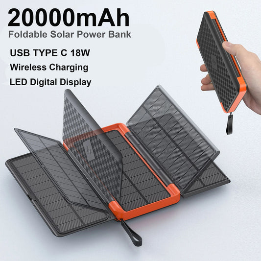 20000mAh outdoor  Solar Power Bank with 3 Solar Panel Qi Wireless Powerbank for iPhone 16 15 14 13 12 11 Huawei Xiaomi Poverbank