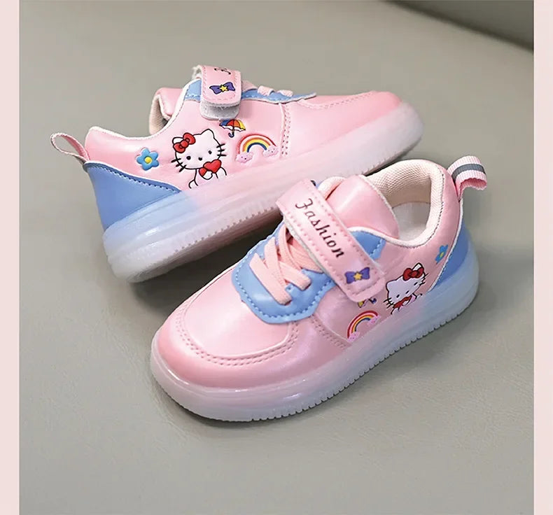 LED Kids Shoes for Girls Cute Cartoon Hello Kitty Shoes Baby Girl Kawaii Canvas Shoes Soft Bottom Sneakers Casual Shoes