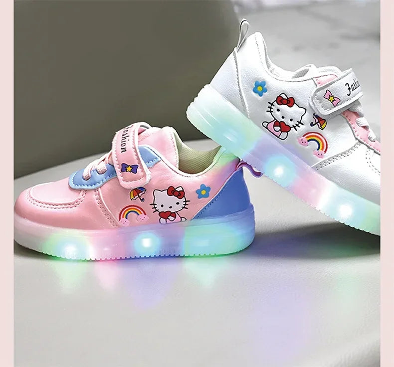 LED Kids Shoes for Girls Cute Cartoon Hello Kitty Shoes Baby Girl Kawaii Canvas Shoes Soft Bottom Sneakers Casual Shoes