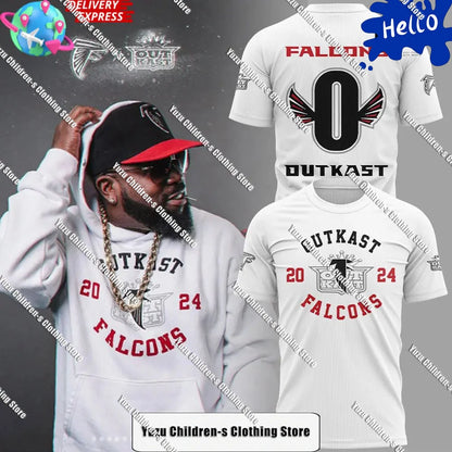 NEW Atlanta Falcons x Outkast 2024 White T-Shirt  American Street Fashion Men's Top Comfortable Versatile Boys and Girls T-Shirt