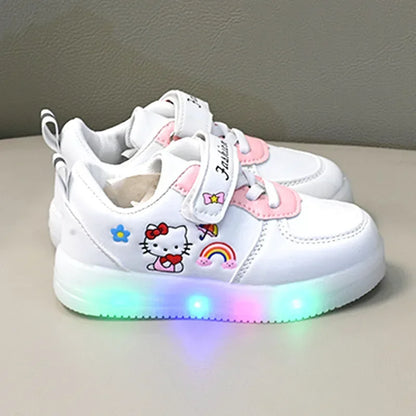 LED Kids Shoes for Girls Cute Cartoon Hello Kitty Shoes Baby Girl Kawaii Canvas Shoes Soft Bottom Sneakers Casual Shoes